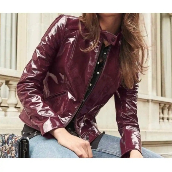 Neiman Marcus Shiny Plum Leather Jacket - Picture 1 of 12